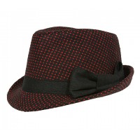 Fedora Hats - White Dots w/ Bow - Black/ Red 
